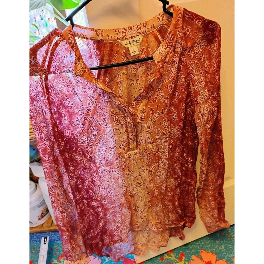 Lucky Brand Paisley Peasant Blouse Womens Small Orange Red Sheer Lace Boho Top